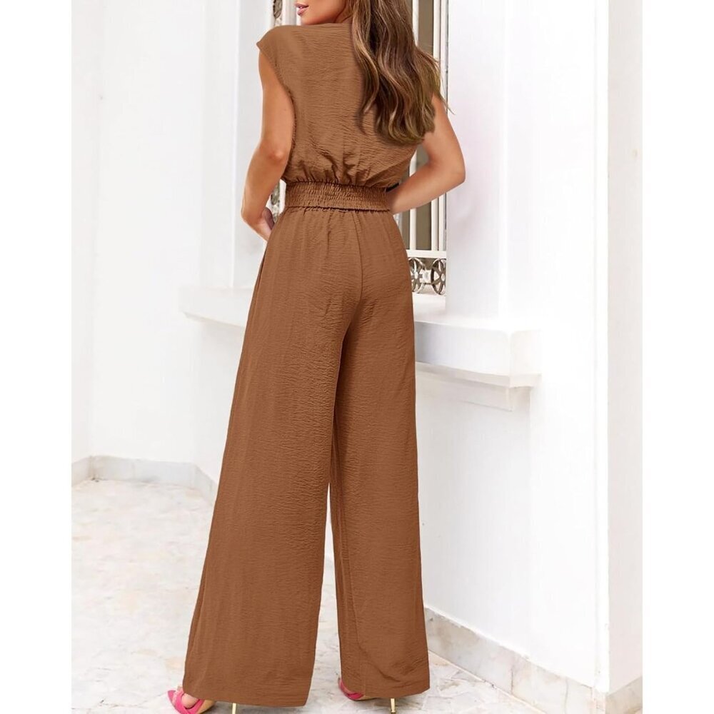 Women's 2 Piece Summer Outfits Polyester V Neck Crop Top Wide Leg Pants - Picture 5 of 7